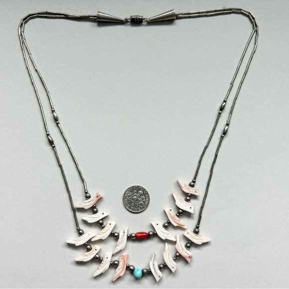 Vintage Southwestern Two Strand Fetish Turquoise Coral Sterling Silver Necklace - Picture 12 of 13
